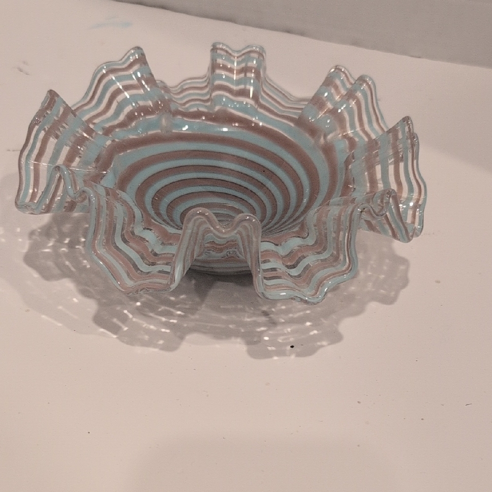 Murano Blue and Brown Striped Glass Art Bowl
